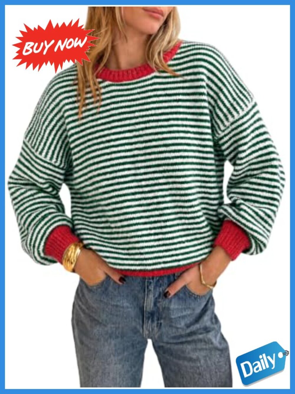 Striped Knit Pullover Sweater Loose Fit Color Block Crew Neck Long Sleeve